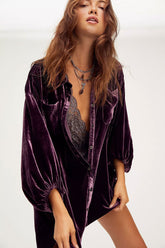 Vintage Bischof Ärmel Button Up Samt High Low Shirt Kleid - Lila